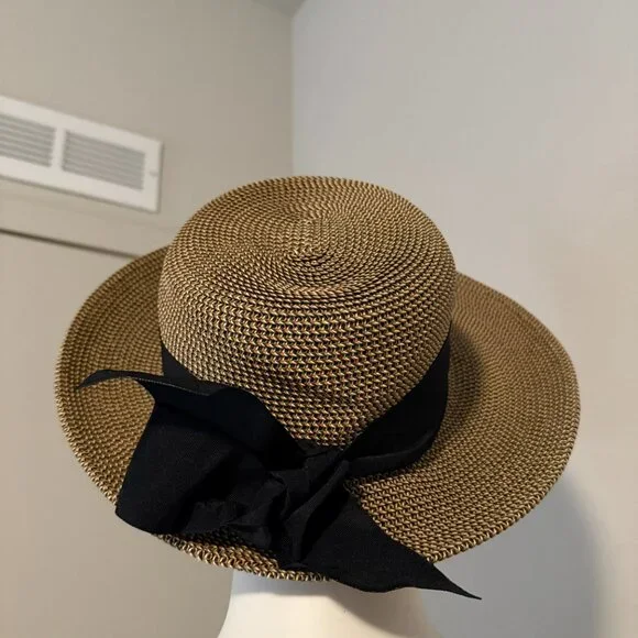 Woven straw hat,black ribbon trim - Picture 6 of 6